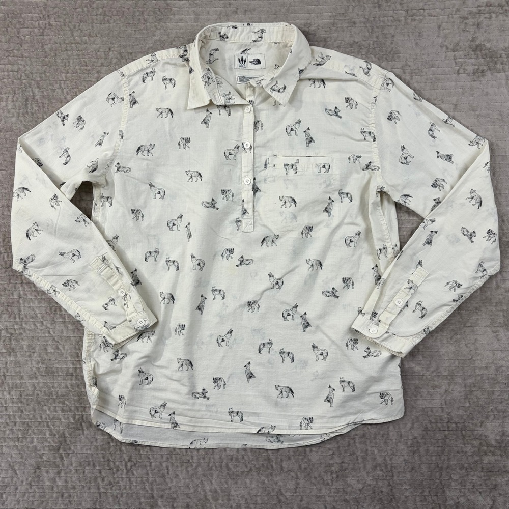 The North Face 3 Fish Studios Wolf Print Organic Cotton Popover Shirt Womens M
